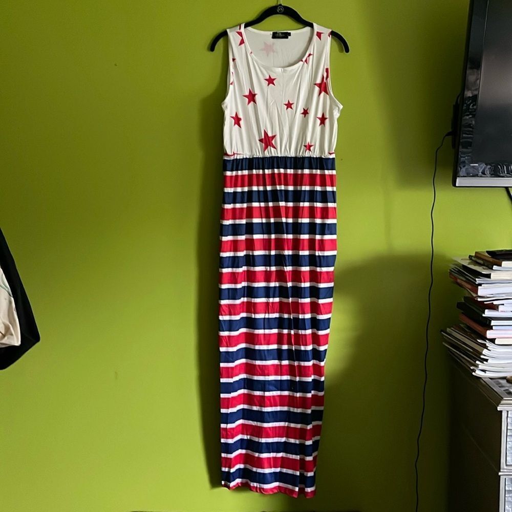 NWOT For G And PL Red White & Blue Stars & Stripes Patriotic Maxi Dress Size L